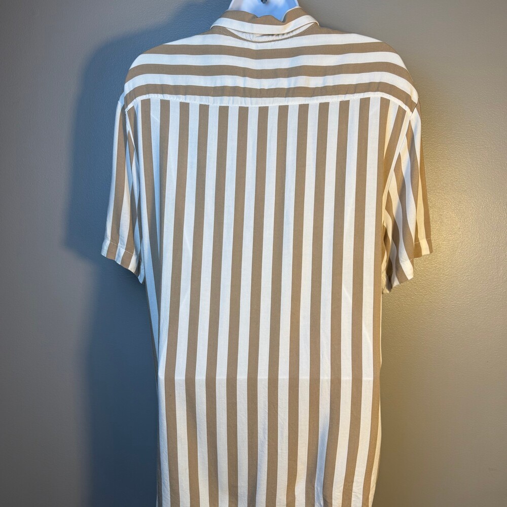 Denim & Flower Ricky Singh Tan & White Striped Button Front Shirt Men's Medium - Picture 2 of 10